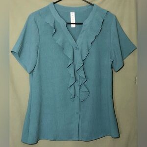 Women's Teal Ruffle Front Button Short Sleeve Blouse ~ M ~